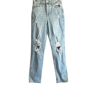 Distressed Light Wash Jeans Ripped‎ Knee High Rise Denim Casual